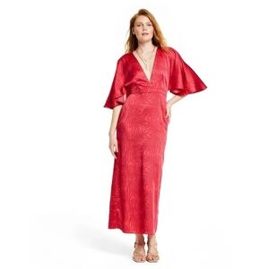 Fe Noel Flutter Sleeve Maxi Dress Contrast Palm Print Fuschia Red Women's Size 6